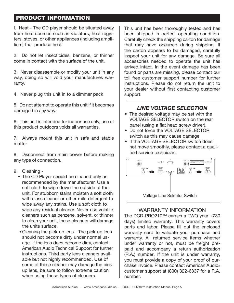 Product information, Line voltage selection, Warranty information | American Audio DCD-PRO210 User Manual | Page 5 / 22