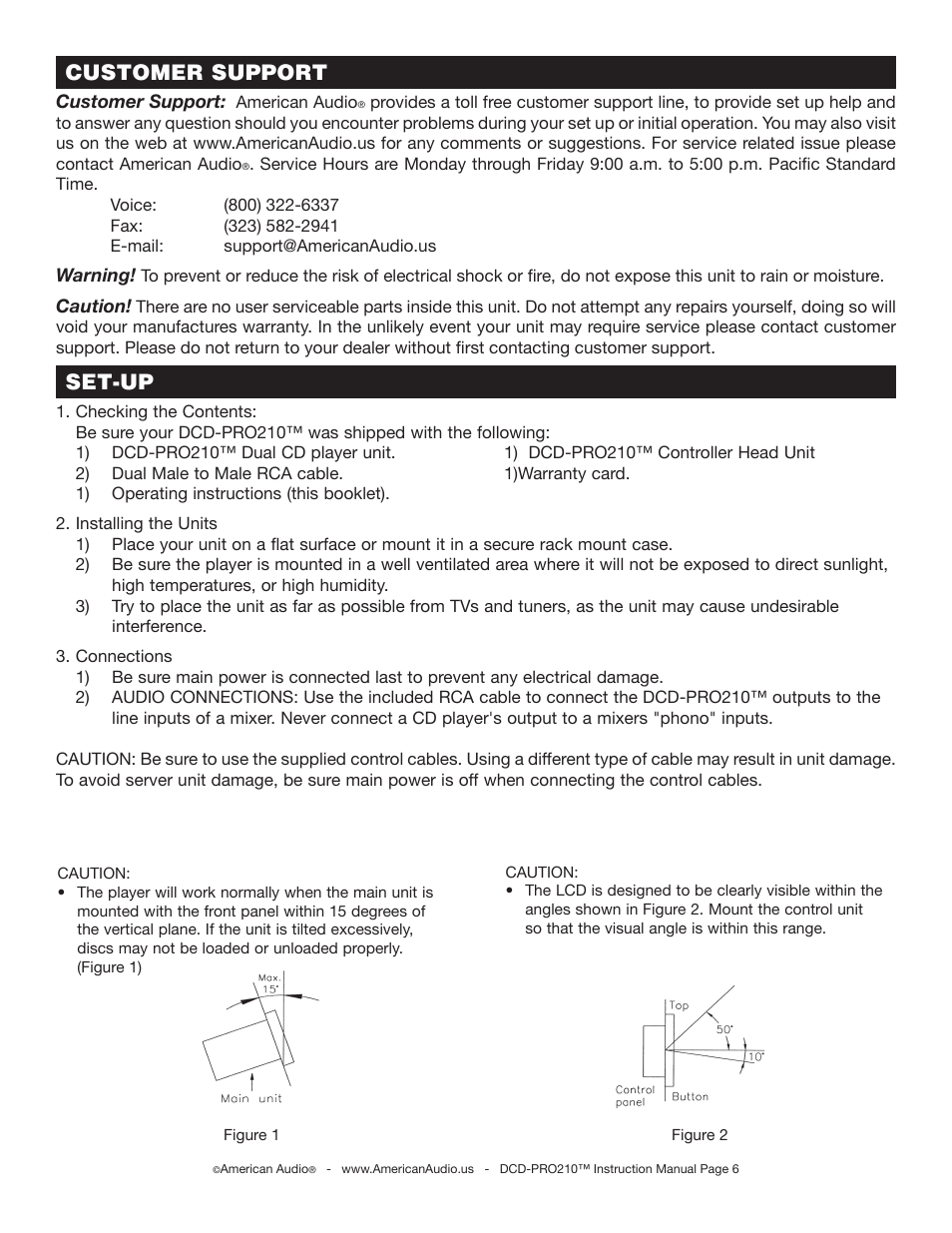 Set-up, Customer support | American Audio DCD-PRO210 User Manual | Page 6 / 22