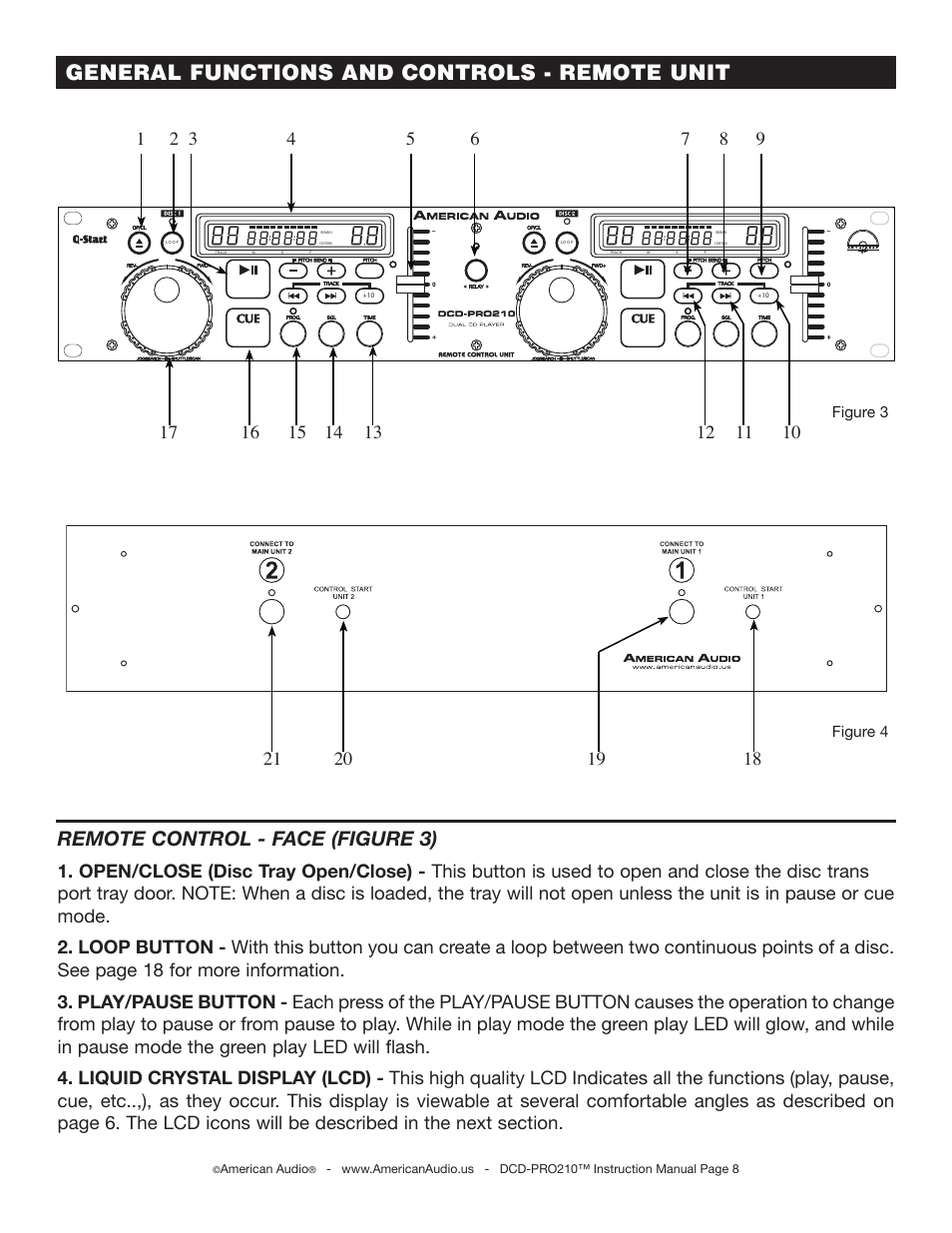General functions and controls - remote unit, Remote control - face (figure 3) | American Audio DCD-PRO210 User Manual | Page 8 / 22