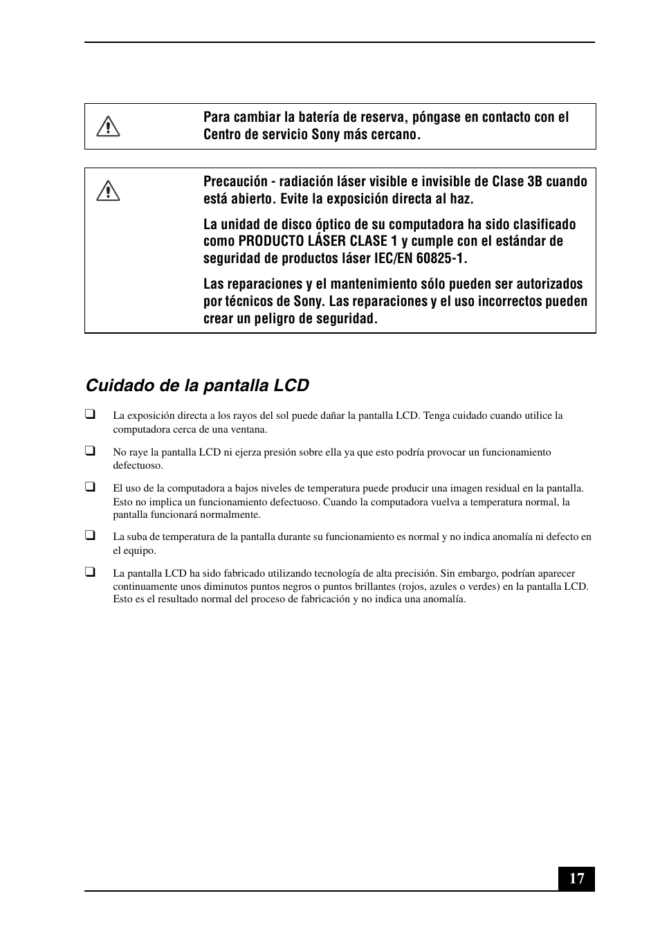 Cuidado de la pantalla lcd | Sony VGN-SR490DDB User Manual | Page 17 / 24