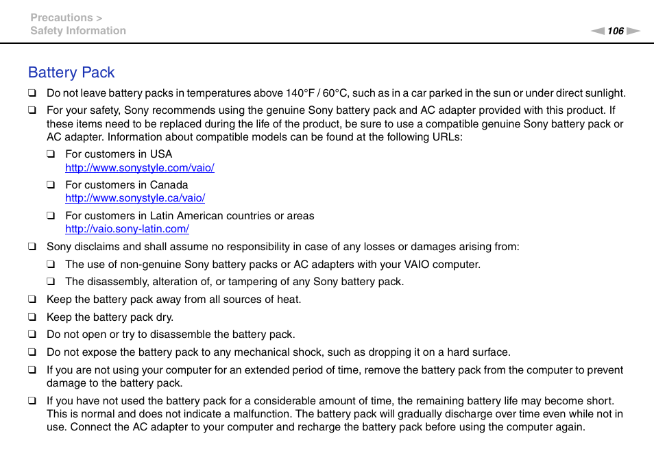 Battery pack | Sony VPCE Series User Manual | Page 106 / 163