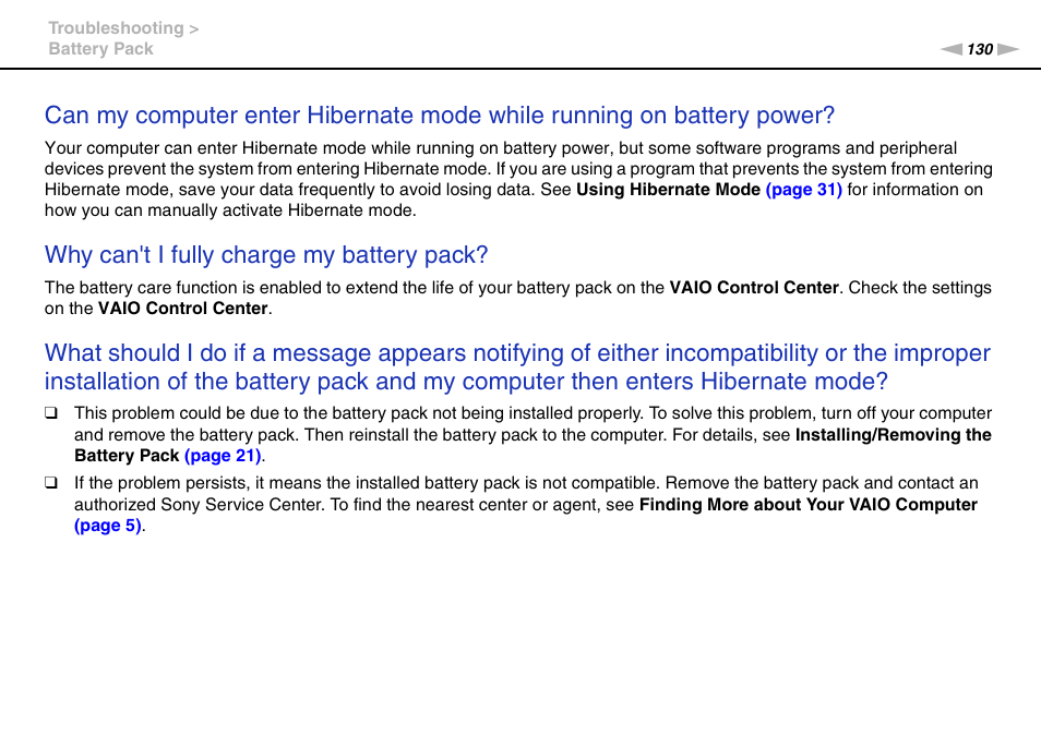 Why can't i fully charge my battery pack | Sony VPCE Series User Manual | Page 130 / 163