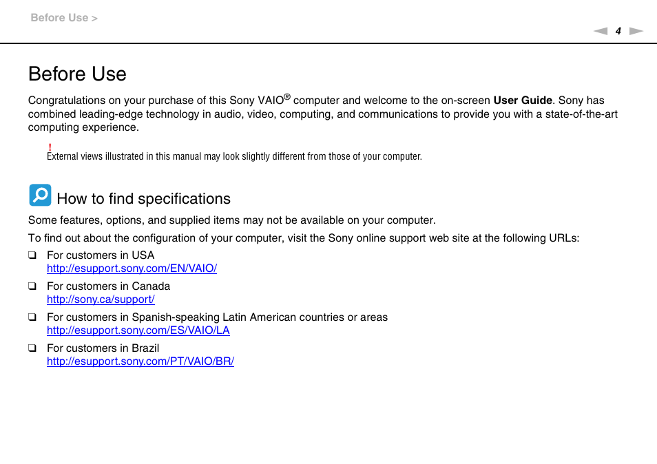 Before use, How to find specifications | Sony VPCE Series User Manual | Page 4 / 163