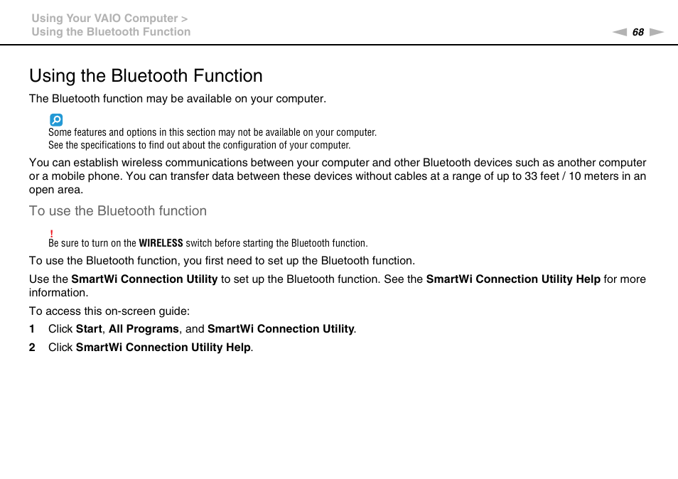 Using the bluetooth function, Tion | Sony VPCE Series User Manual | Page 68 / 163