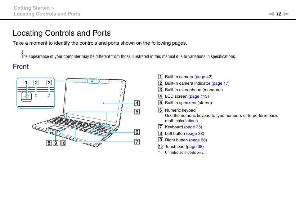 Locating controls and ports, Front | Sony VPCCA190X User Manual | Page 12 / 167