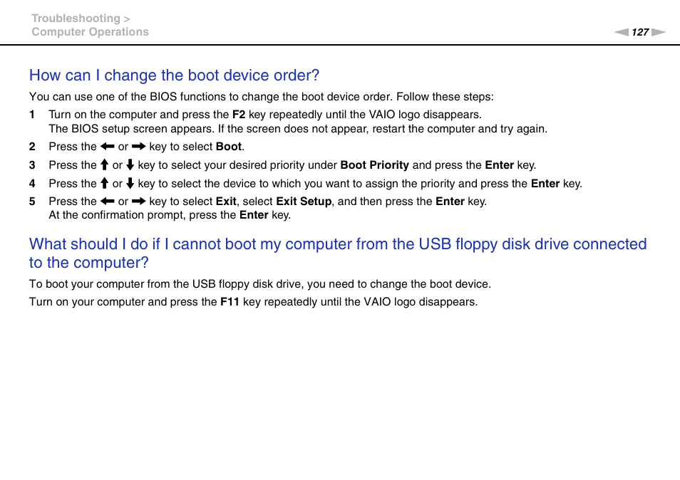 How can i change the boot device order | Sony VPCCA190X User Manual | Page 127 / 167