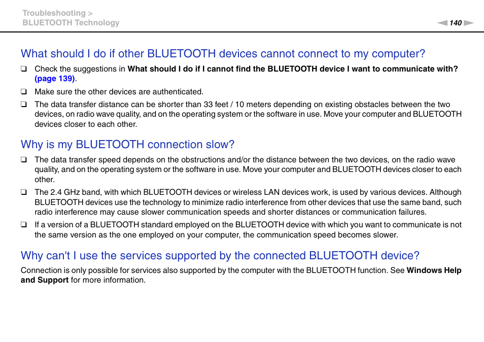 Why is my bluetooth connection slow | Sony VPCCA190X User Manual | Page 140 / 167