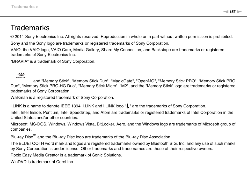 Trademarks | Sony VPCCA190X User Manual | Page 163 / 167