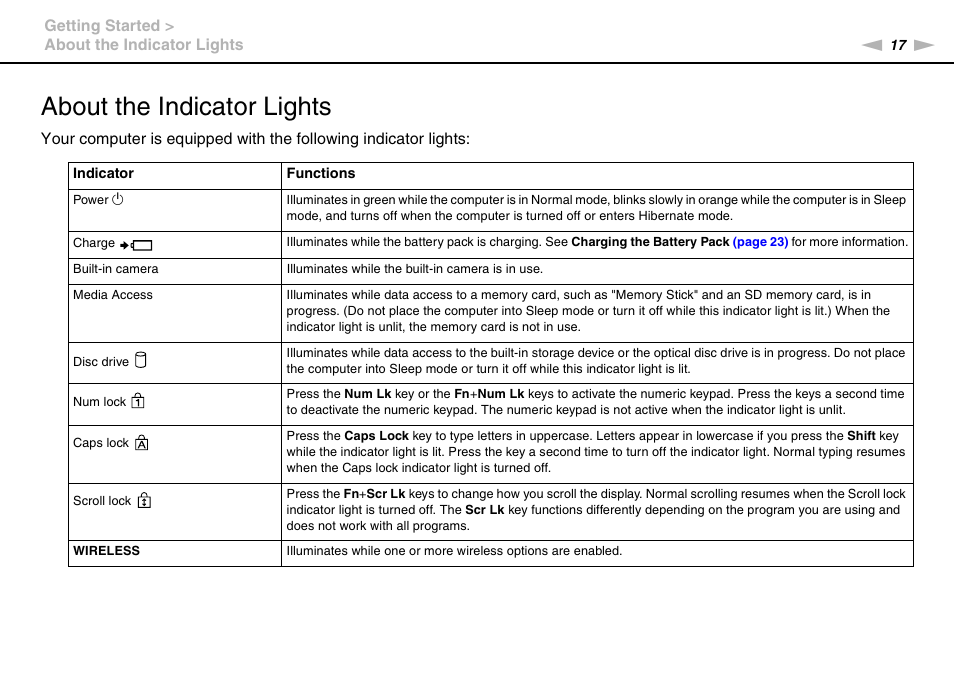 About the indicator lights | Sony VPCCA190X User Manual | Page 17 / 167