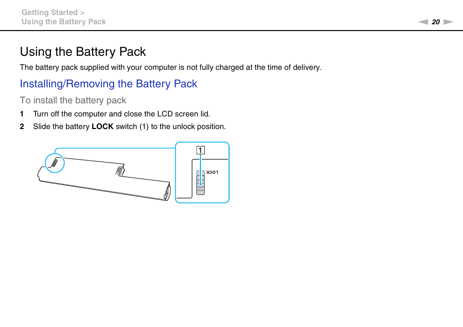 Using the battery pack, Installing/removing the battery pack | Sony VPCCA190X User Manual | Page 20 / 167