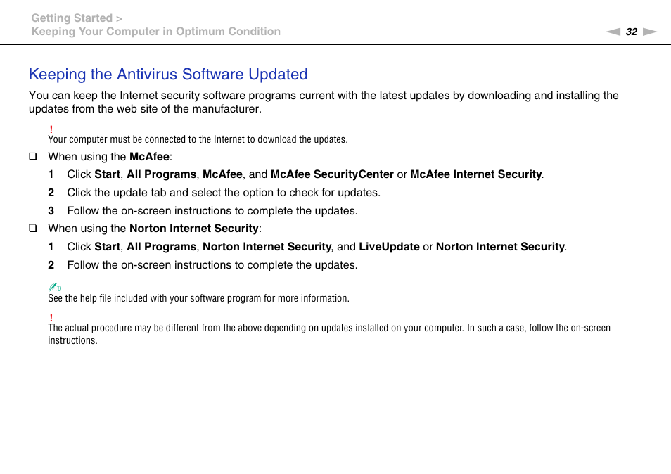 Keeping the antivirus software updated | Sony VPCCA190X User Manual | Page 32 / 167