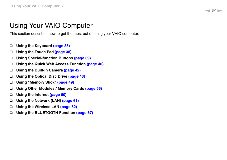 Using your vaio computer | Sony VPCCA190X User Manual | Page 34 / 167