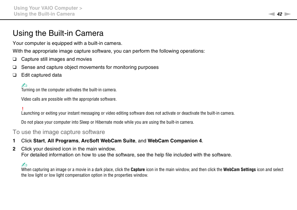 Using the built-in camera | Sony VPCCA190X User Manual | Page 42 / 167