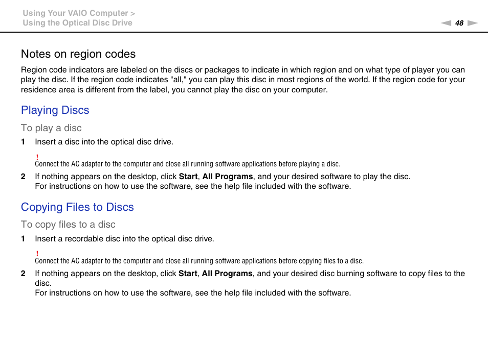 Playing discs, Copying files to discs | Sony VPCCA190X User Manual | Page 48 / 167