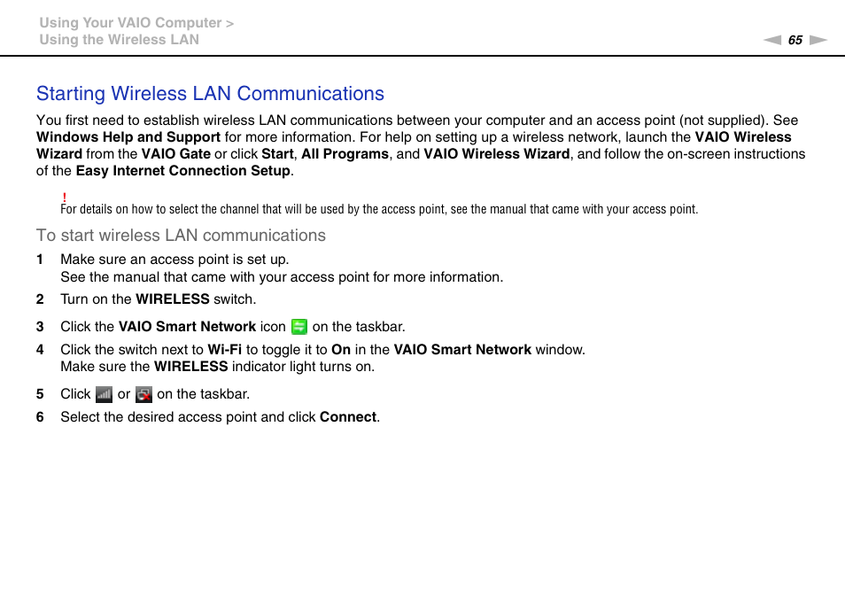 Starting wireless lan communications | Sony VPCCA190X User Manual | Page 65 / 167