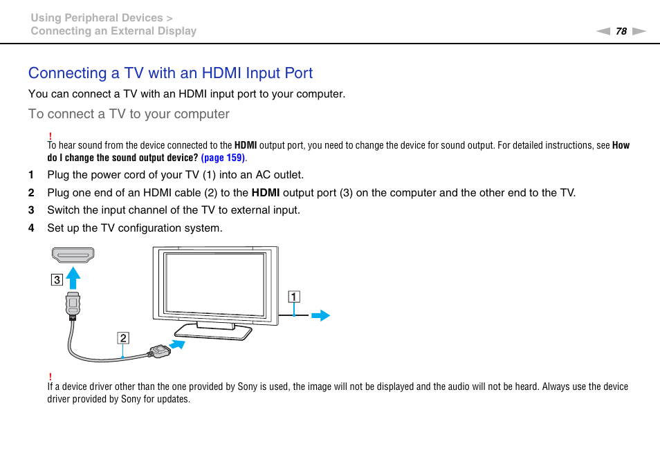 Connecting a tv with an hdmi input port | Sony VPCCA190X User Manual | Page 78 / 167