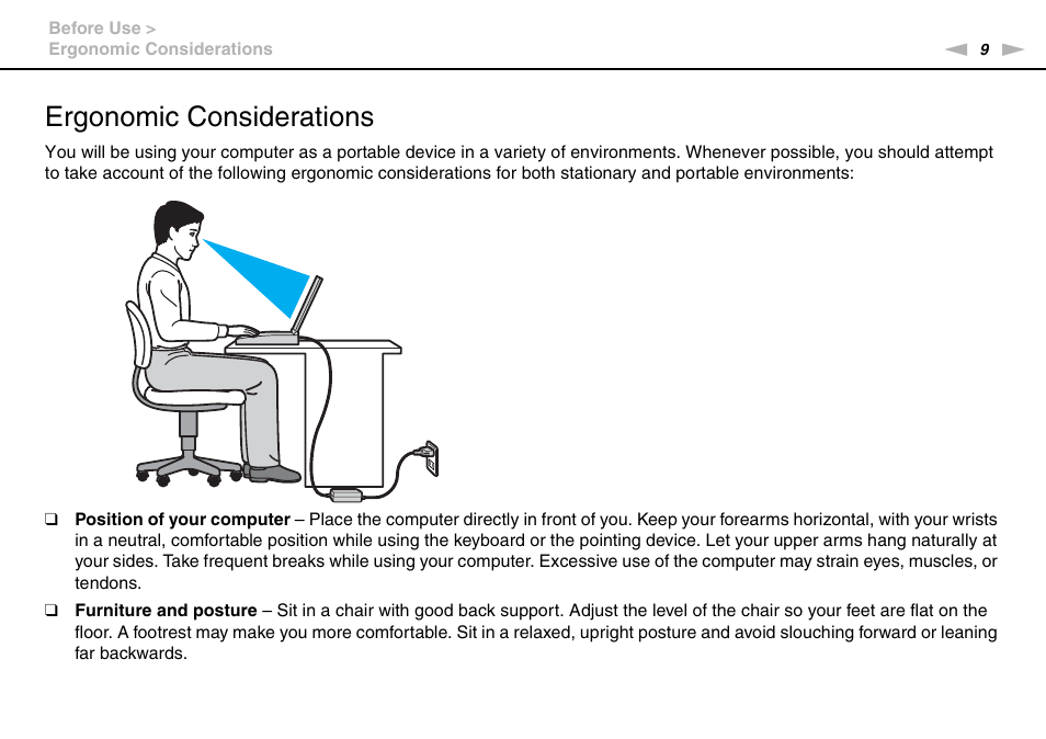 Ergonomic considerations | Sony VPCCA190X User Manual | Page 9 / 167