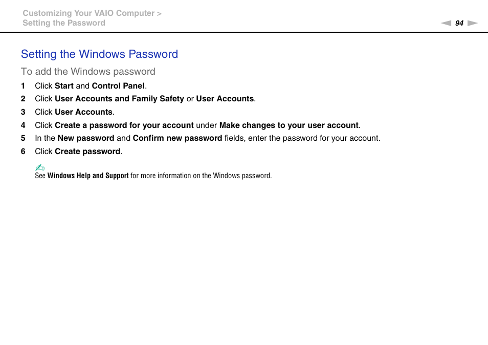 Setting the windows password | Sony VPCCA190X User Manual | Page 94 / 167