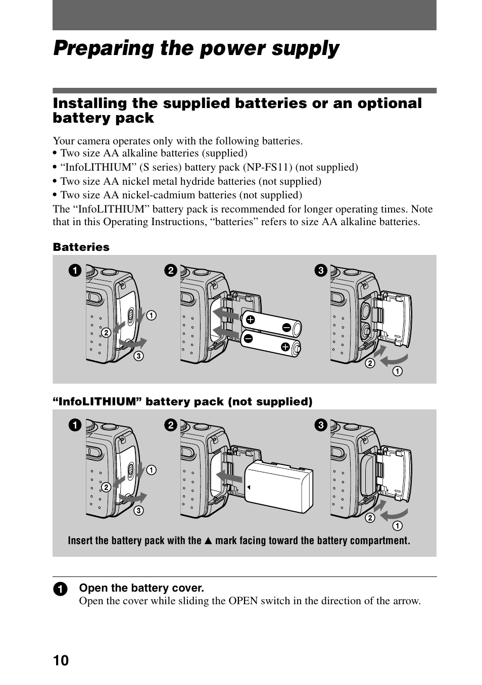 Preparing the power supply | Sony DSC-P30 User Manual | Page 10 / 92
