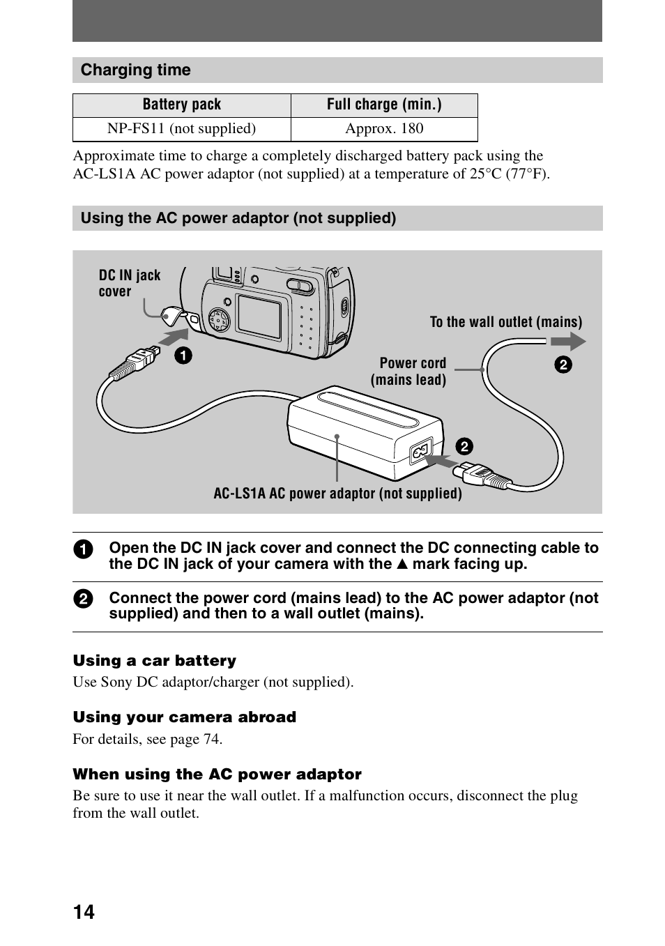 Charging time | Sony DSC-P30 User Manual | Page 14 / 92