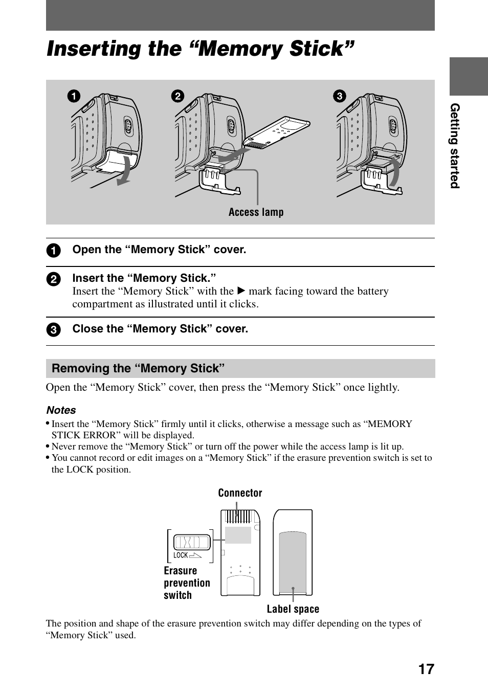 Inserting the “memory stick, Removing the “memory stick | Sony DSC-P30 User Manual | Page 17 / 92