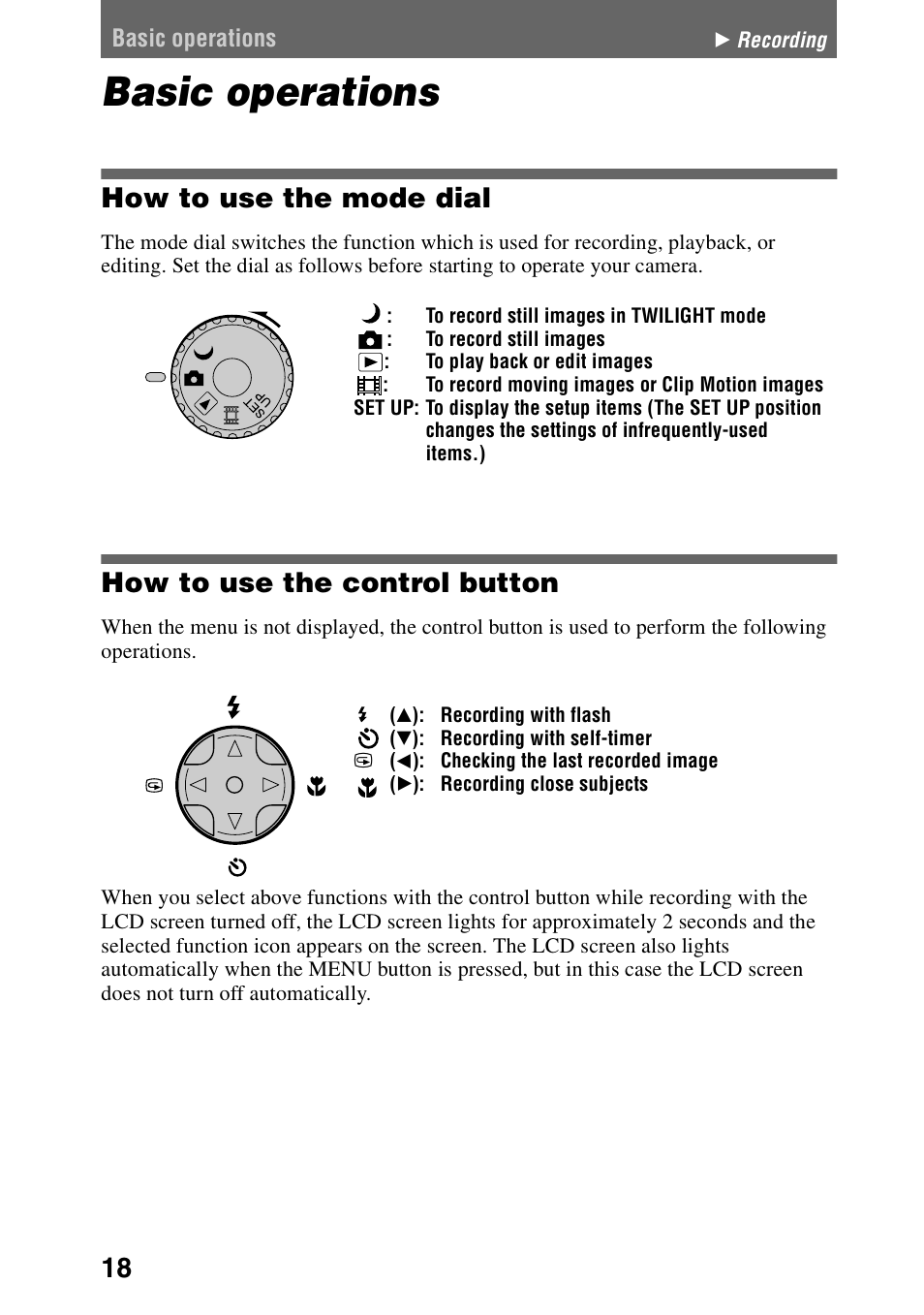 Basic operations, On (18), How to use the mode dial | How to use the control button | Sony DSC-P30 User Manual | Page 18 / 92