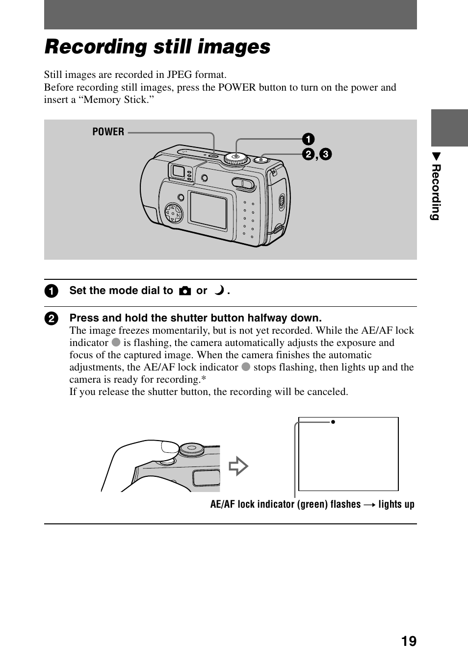 Recording still images, Recording still image | Sony DSC-P30 User Manual | Page 19 / 92
