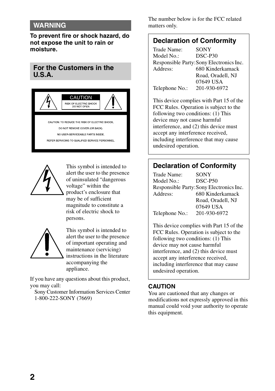 Warning | Sony DSC-P30 User Manual | Page 2 / 92