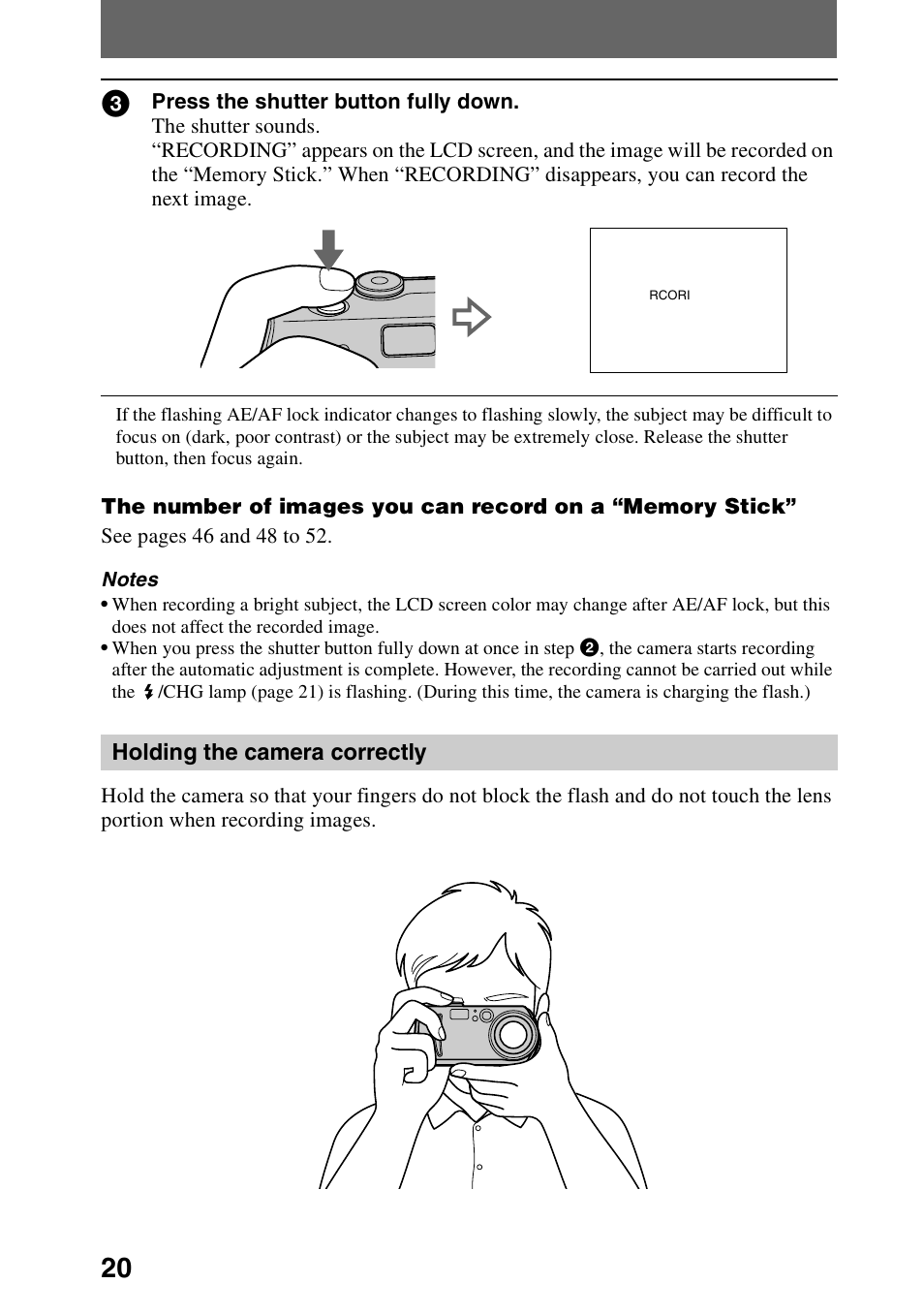 Holding the camera correctly | Sony DSC-P30 User Manual | Page 20 / 92