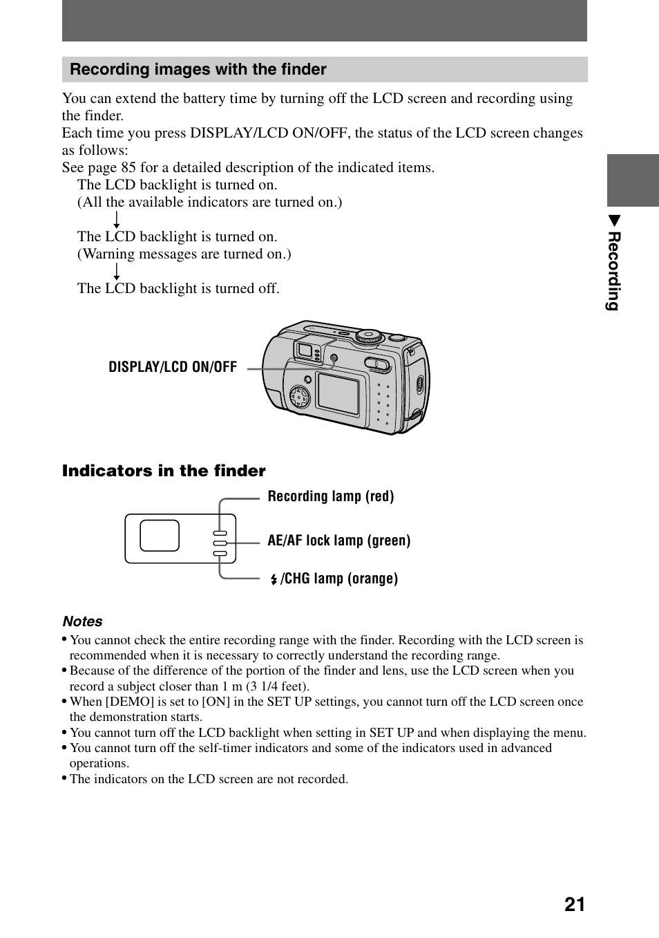 Recording images with the finder | Sony DSC-P30 User Manual | Page 21 / 92