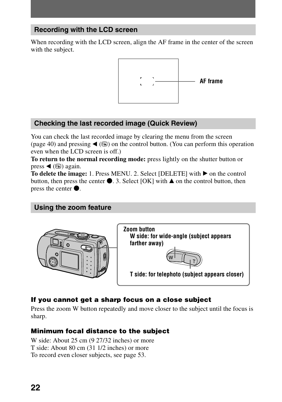 Recording with the lcd screen, Checking the last recorded image (quick review), Using the zoom feature | Sony DSC-P30 User Manual | Page 22 / 92