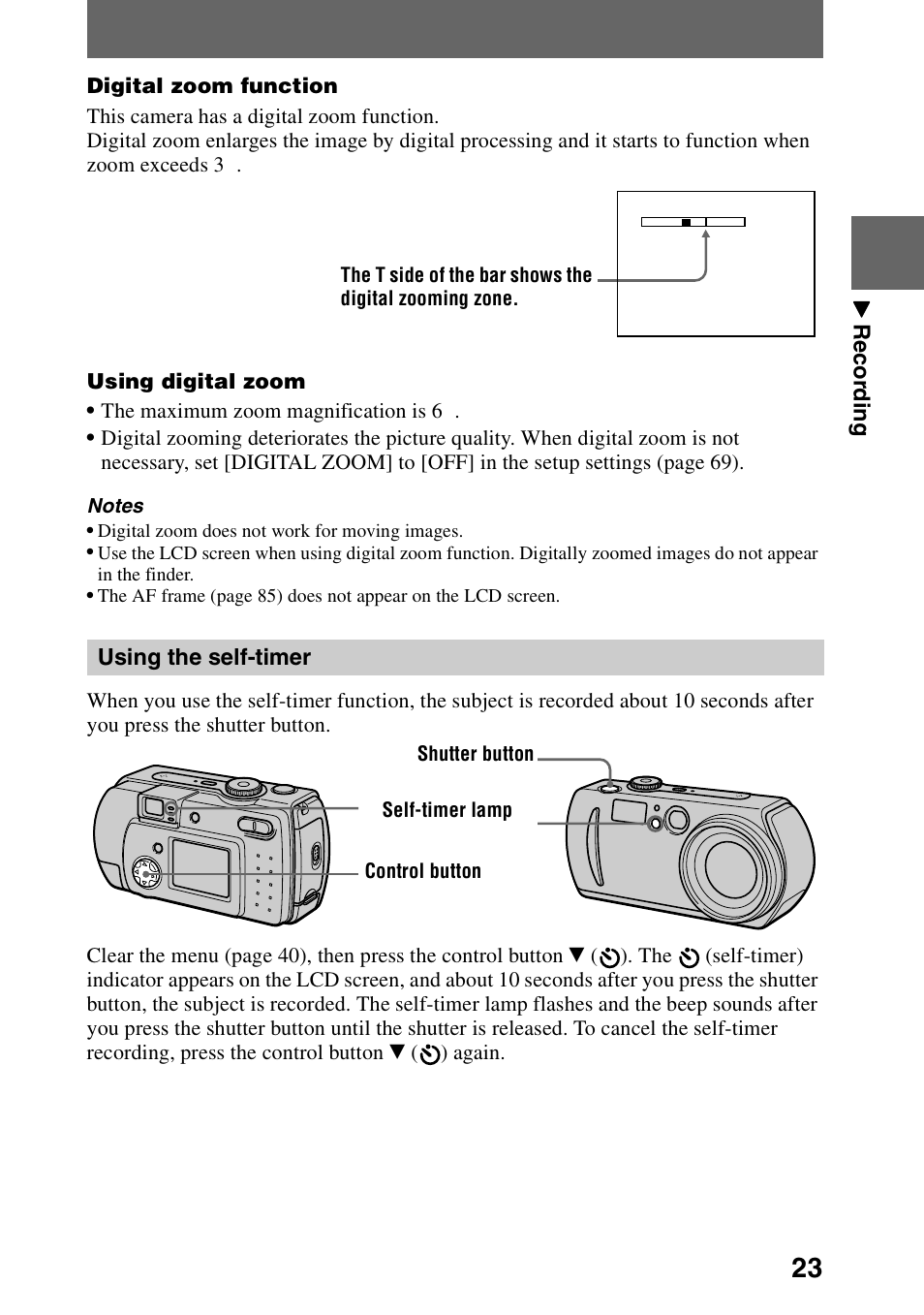 Using the self-timer, Mer (23) | Sony DSC-P30 User Manual | Page 23 / 92