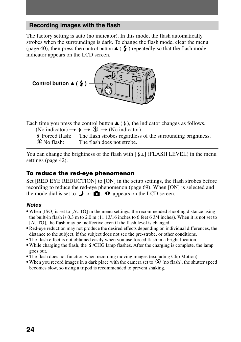 Recording images with the flash | Sony DSC-P30 User Manual | Page 24 / 92