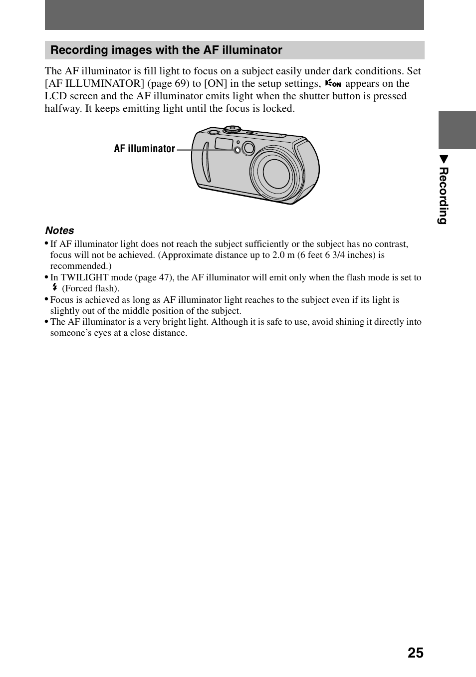 Recording images with the af illuminator, R (25) | Sony DSC-P30 User Manual | Page 25 / 92