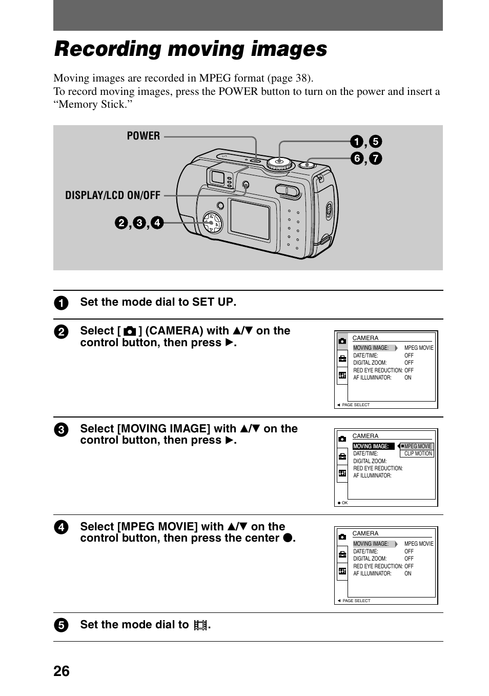 Recording moving images, Set the mode dial to set up, Set the mode dial to | Sony DSC-P30 User Manual | Page 26 / 92