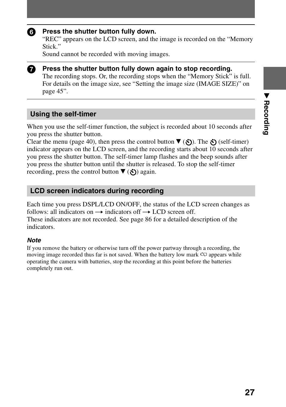 Using the self-timer, Lcd screen indicators during recording | Sony DSC-P30 User Manual | Page 27 / 92