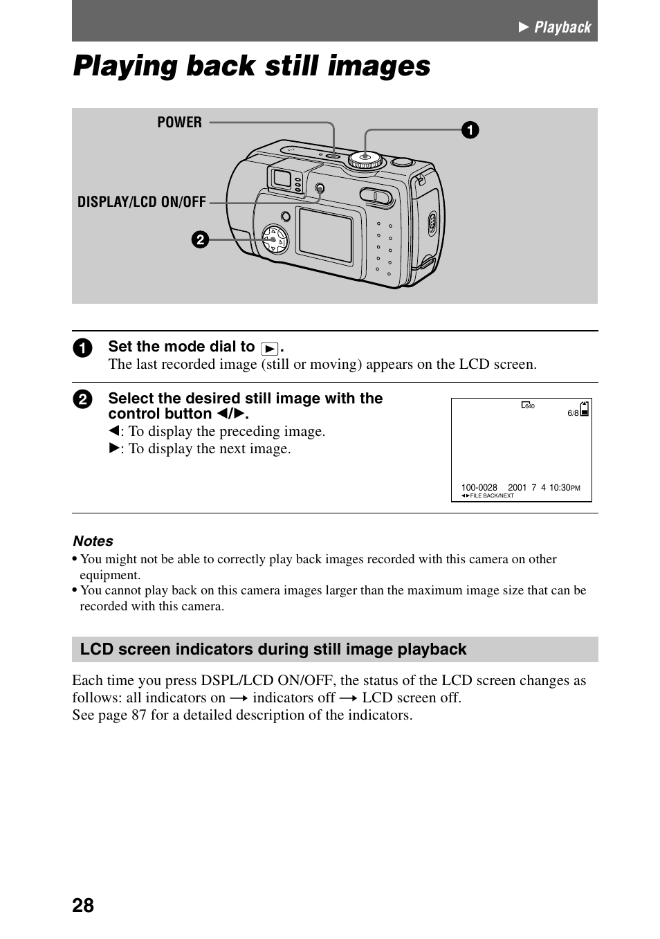 Playing back still images, Lcd screen indicators during still image playback, Playing back still image | Sony DSC-P30 User Manual | Page 28 / 92