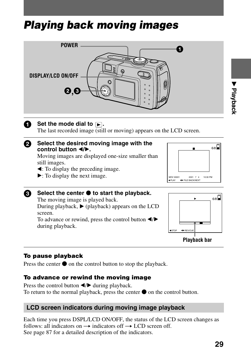 Playing back moving images, Lcd screen indicators during moving image playback | Sony DSC-P30 User Manual | Page 29 / 92