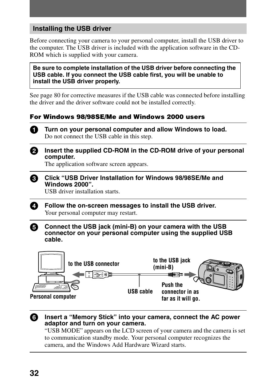 Installing the usb driver, K (32) (34) | Sony DSC-P30 User Manual | Page 32 / 92