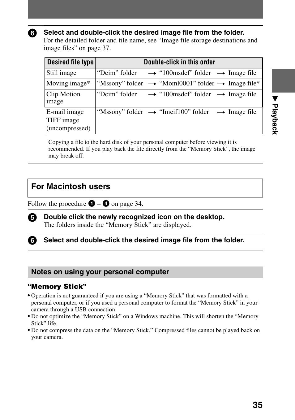 Notes on using your personal computer, For macintosh users | Sony DSC-P30 User Manual | Page 35 / 92