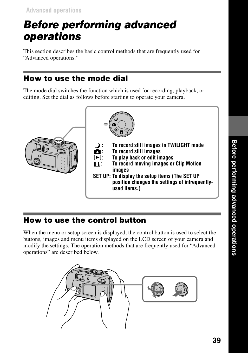 Advanced operations, Before performing advanced operations, How to use the mode dial | How to use the control button | Sony DSC-P30 User Manual | Page 39 / 92