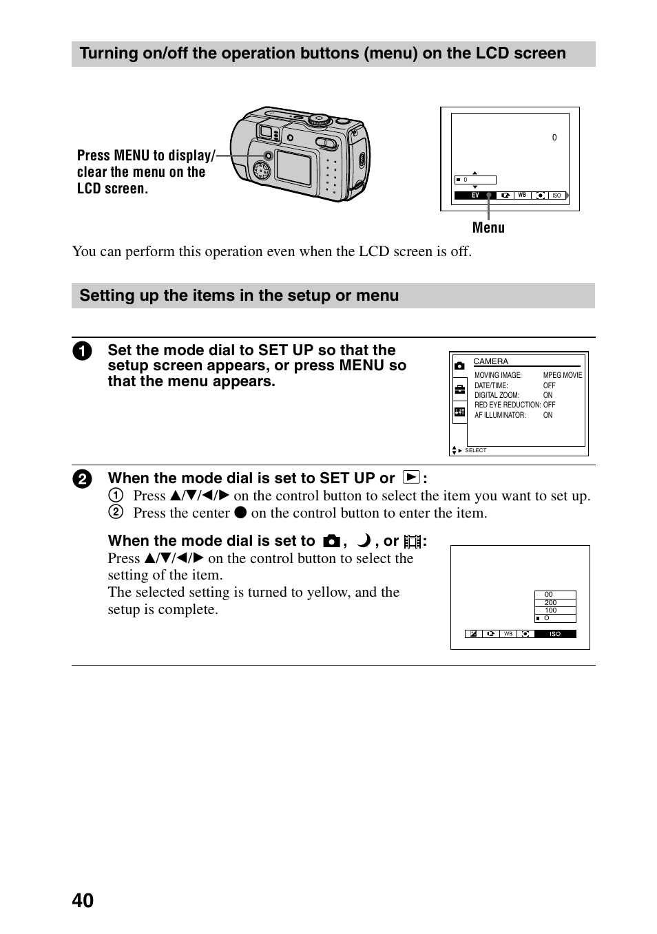 Setting up the items in the setup or menu, On (40) | Sony DSC-P30 User Manual | Page 40 / 92