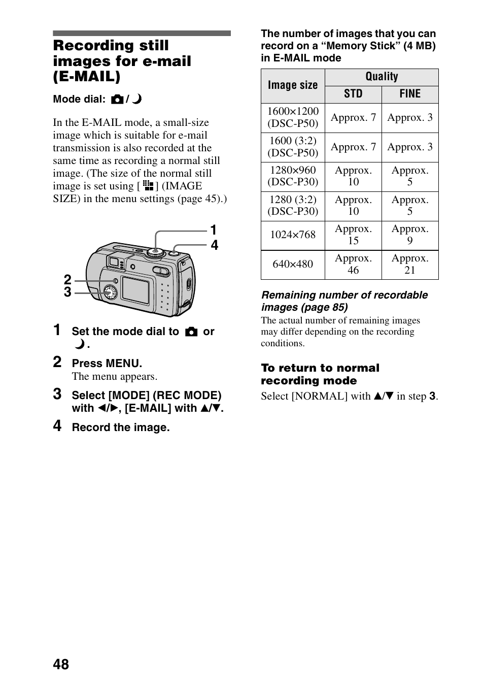 Recording still images for e-mail (e�mail), Recording still images for e-mail, E-mail) | 48 recording still images for e-mail (e-mail) | Sony DSC-P30 User Manual | Page 48 / 92