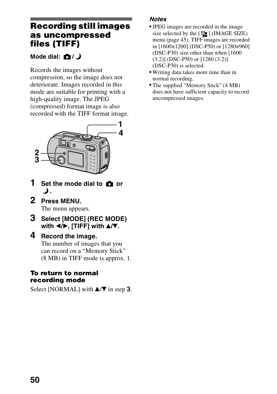 Recording still images as uncompressed, Files (tiff) | Sony DSC-P30 User Manual | Page 50 / 92