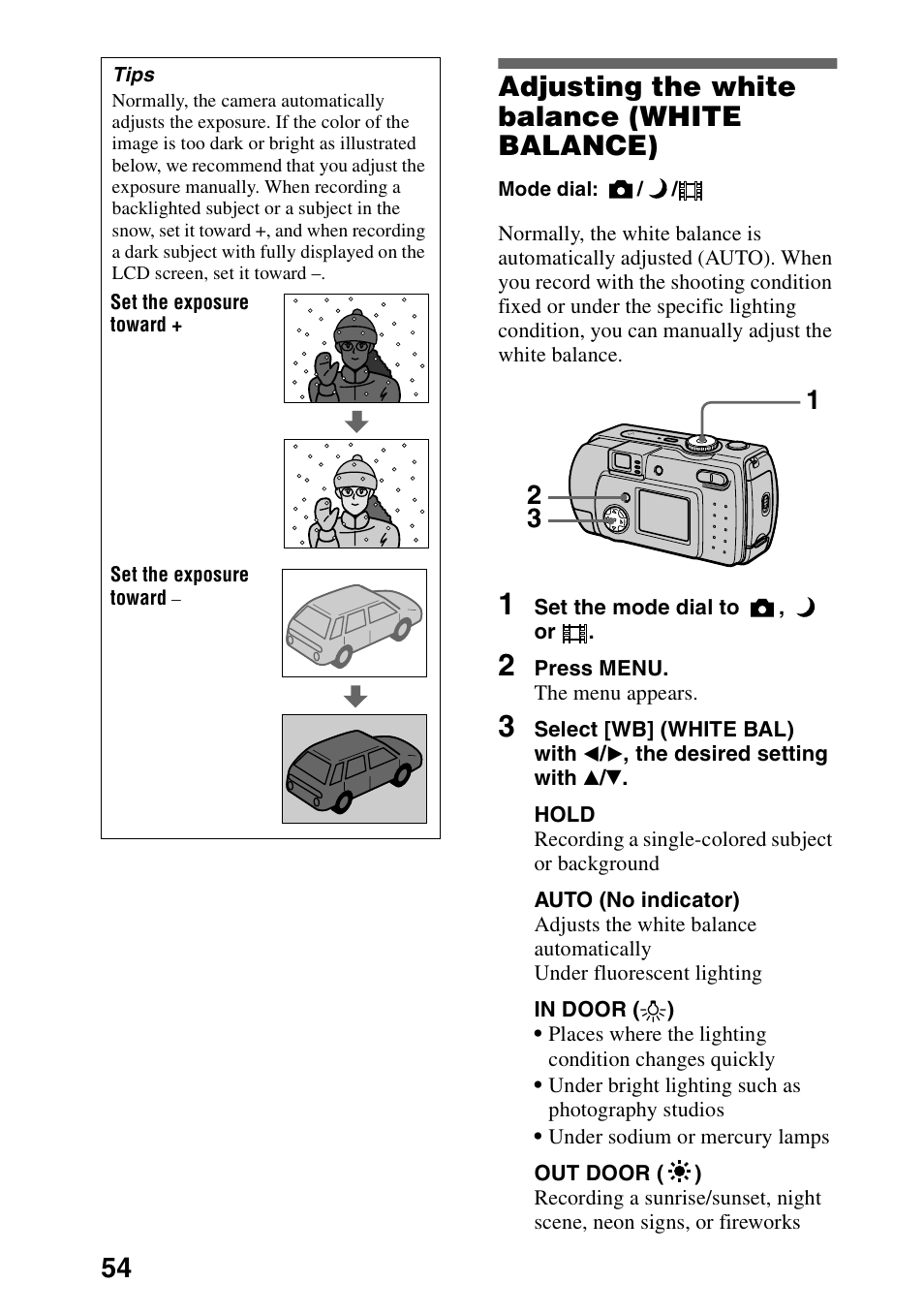 Adjusting the white balance (white balance), Adjusting the white balance, White balance) | Sony DSC-P30 User Manual | Page 54 / 92