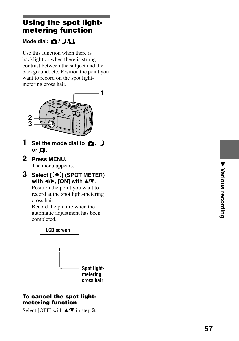 Using the spot light- metering function, Using the spot light-metering, Function | 57 using the spot light- metering function | Sony DSC-P30 User Manual | Page 57 / 92