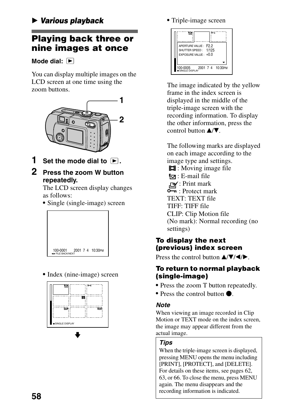 Playing back three or nine images at once, B various playb, Playing back three or nine images | At once, B various playback, Set the mode dial to | Sony DSC-P30 User Manual | Page 58 / 92