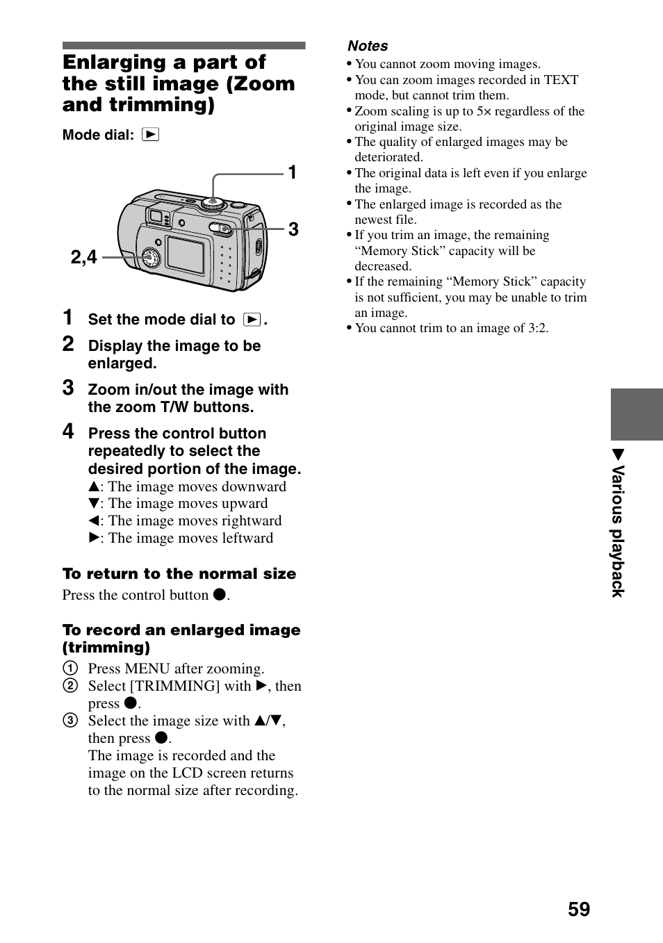 Enlarging a part of the still image (zoom, And trimming) | Sony DSC-P30 User Manual | Page 59 / 92