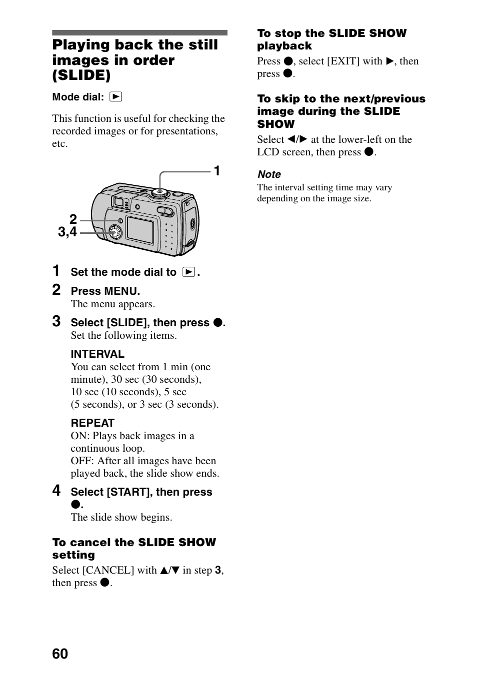 Playing back the still images in order (slide), Playing back the still images in order, Slide) | 60 playing back the still images in order (slide) | Sony DSC-P30 User Manual | Page 60 / 92