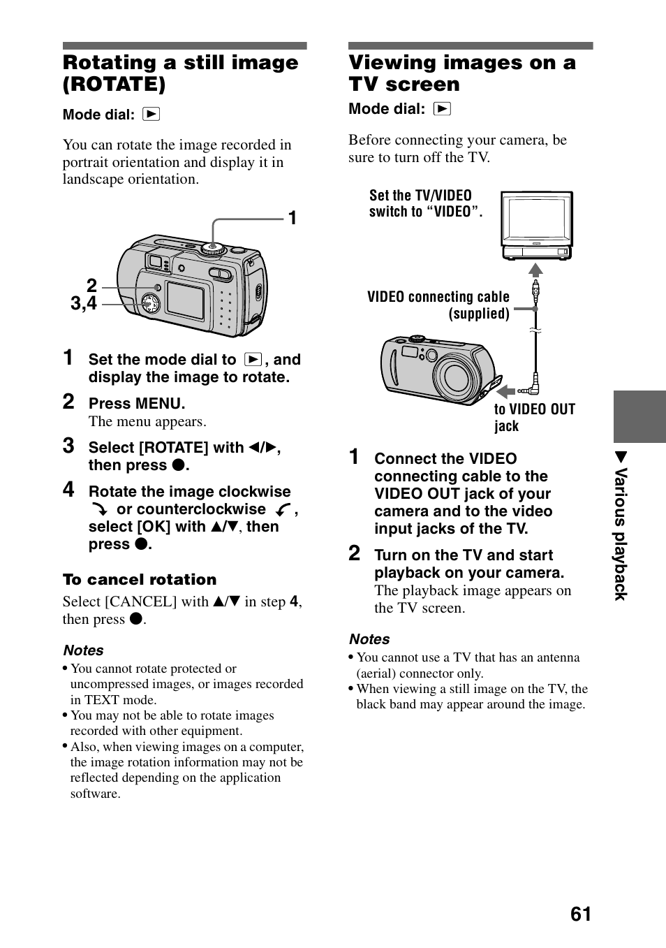 Rotating a still image (rotate), Viewing images on a tv screen, K (61) | 61 rotating a still image (rotate) | Sony DSC-P30 User Manual | Page 61 / 92